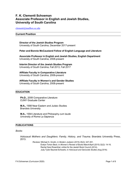 F. K. Clementi Schoeman Associate Professor in English and Jewish Studies, University of South Carolina Clementi@Mailbox.Sc.Edu
