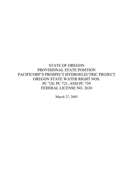 State of Oregon Provisional State Position Pacificorp's