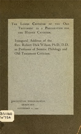 The Lower Criticism of the Old Testament As a Preparation for the Higher Criticism