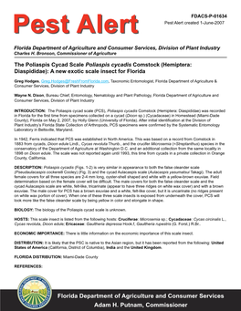 The Poliaspis Cycad Scale Poliaspis Cycadis Comstock (Hemiptera: Diaspididae): a New Exotic Scale Insect for Florida