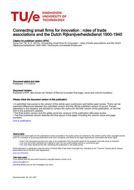 Connecting Small Firms for Innovation : Roles of Trade Associations and the Dutch Rijksnijverheidsdienst 1900-1940