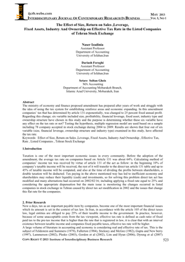 Ijcrb.Webs.Com 523 the Effect of Size, Return on Sales ,Leverage, Fixed Assets, Industry and Ownership on Effective Tax Rate In