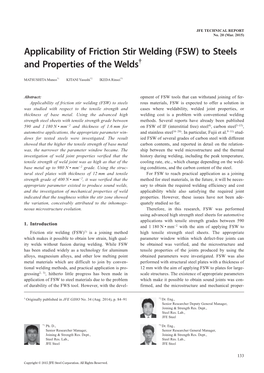 Applicability of Friction Stir Welding (FSW) to Steels and Properties of the Welds†