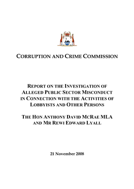 Investigation of Alleged Public Sector Misconduct in Connection with the Activities of Lobbyists and Other Persons