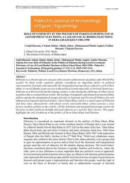 Role of Ethnicity in the Politics of Pakistan During Local Government Elections; a Case of Local Bodies Elections in Dera Ghazi Khan 1982-1998 Pjaee, 17 (12) (2020)