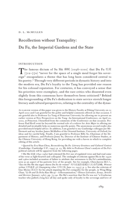 Recollection Without Tranquility: Du Fu, the Imperial Gardens and the State