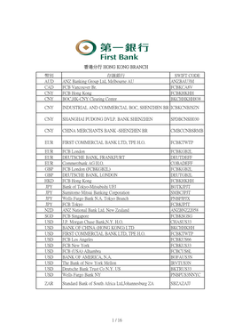 1 / 16 香港分行 Hong Kong Branch 幣別 存匯銀行 Swift