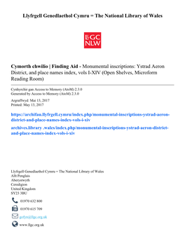 Monumental Inscriptions: Ystrad Aeron District, and Place Names Index, Vols I-XIV (Open Shelves, Microform Reading Room)