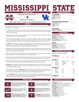 Mike Leach (BYU, 1983) Rankings: RV (AP) / RV (Coaches) • MSU Has Held Consecutive Opponents to Fewer Than 100 Rushing Yards, Through Two Weeks of SEC Play