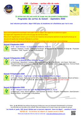 Programme Des Sorties Du Samedi - Septembre 2020