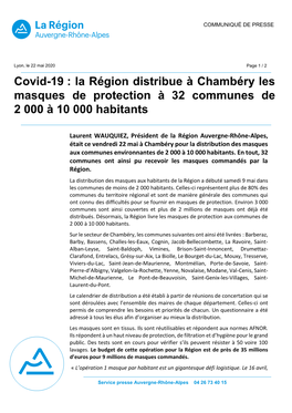 La Région Distribue À Chambéry Les Masques De Protection À 32 Communes De 2 000 À 10 000 Habitants