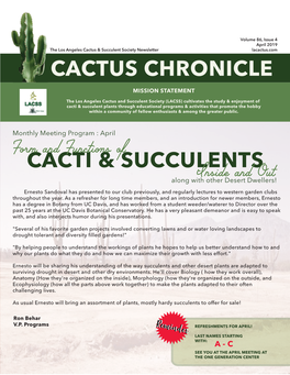 April 2019 the Los Angeles Cactus & Succulent Society Newsletter Lacactus.Com CACTUS CHRONICLE MISSION STATEMENT