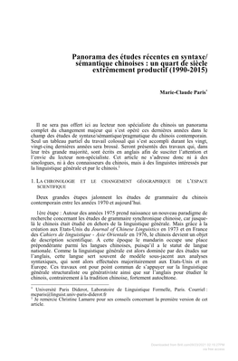 Sémantique Chinoises : Un Quart De Siècle Extrêmement Productif (1990-2015)