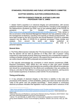 1 Standards, Procedures and Public Appointments Committee Scottish General Election (Cornoavirus) Bill Written Evidence From