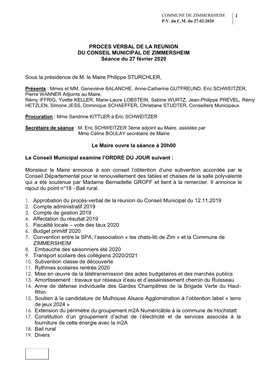 PROCES VERBAL DE LA REUNION DU CONSEIL MUNICIPAL DE ZIMMERSHEIM Séance Du 27 Février 2020