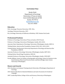 Curriculum Vitae Becky Pettit Department of Sociology University