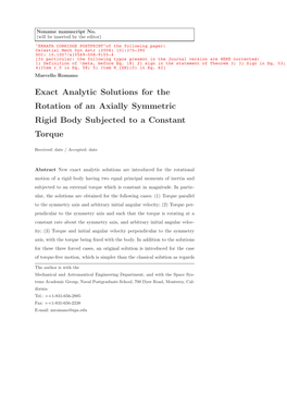 Exact Analytic Solutions for the Rotation of an Axially Symmetric Rigid Body Subjected to a Constant Torque