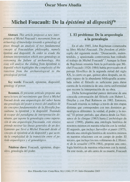 Óscar Moro Abadía. Michel Foucault: De La Épistémé Al Dispositif