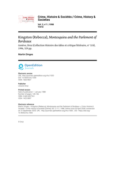 Kingston (Rebecca), Montesquieu and the Parlement of Bordeaux Genève, Droz (Collection Histoire Des Idées Et Critique Littéraire, N° 324), 1996, 329 Pp