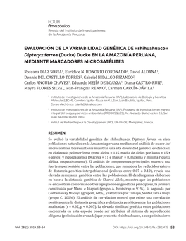 Shihuahuaco» Dipteryx Ferrea (Ducke) Ducke EN LA AMAZONÍA PERUANA, MEDIANTE MARCADORES MICROSATÉLITES