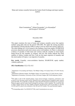 Mean and Variance Causality Between the Cyprus Stock Exchange and Major Equities Markets