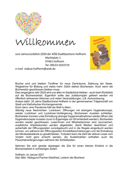Willkommen Zum Jahresrückblick 2020 Der KÖB Stadtbücherei Hofheim Marktplatz 1 97461 Hofheim Tel