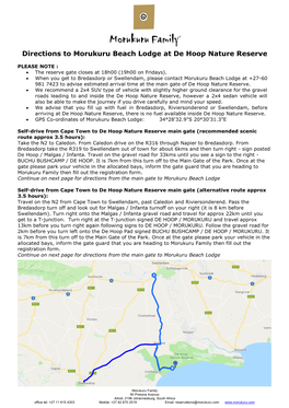 Directions to Morukuru Beach Lodge at De Hoop Nature Reserve