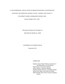 A Contemporary Application of Boris Goldovsky's Method for Training the Operatic Singer-Actor