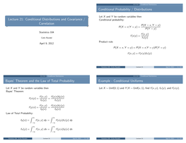 Lecture 21: Conditional Distributions and Covariance / Correlation