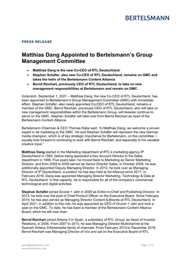 Matthias Dang Appointed to Bertelsmann's Group Management Committee