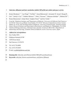 Salicylate, Diflunisal and Their Metabolites Inhibit CBP/P300 and Exhibit Anticancer Activity