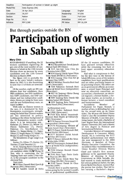 Participation of Women in Sabah up Slightly