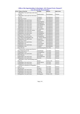 Office of the Superintending Archaeologist, ASI, Chennai Circle, Chennai-9 List of Centrally Protected Sites Sl.No