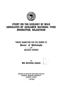 Study on the Ecology of Wild Ungulates of Keoladeo National Park Bharatpur, Rajasthan