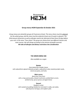 Group Menus HEJM September & October 2021 the GREEN MENU