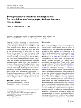 Seed Germination Conditions and Implications for Establishment of an Epiphyte, Aechmea Bracteata (Bromeliaceae)