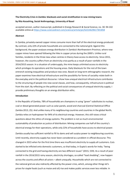 The Electricity Crisis in Zambia: Blackouts and Social Stratification in New Mining Towns by Rita Kesselring, Social Anthropology, University of Basel