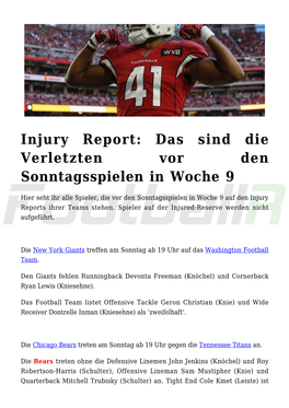 Injury Report: Das Sind Die Verletzten Vor Den Sonntagsspielen in Woche 9