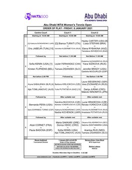 Abu Dhabi WTA Women's Tennis Open ORDER of PLAY - FRIDAY, 8 JANUARY 2021