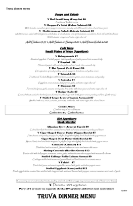 Truva Dinner Menu