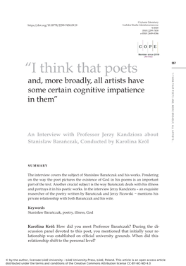 “I Think That Poets ARTISTS… ALL BROADLY, MORE AND, POETS THAT THINK "I And, More Broadly, All Artists Have Some Certain Cognitive Impatience in Them”
