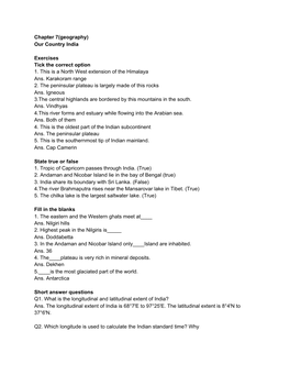 Chapter 7(Geography) Our Country India Exercises Tick the Correct Option 1. This Is a North West Extension of the Himalaya Ans