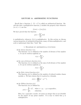 LECTURE 11: ARITHMETIC FUNCTIONS Recall That a Function F