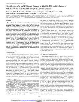 Identification of a 6-Cm Minimal Deletion at 11Q23.1–23.2 and Exclusion of PPP2R1B Gene As a Deletion Target in Cervical Cancer1