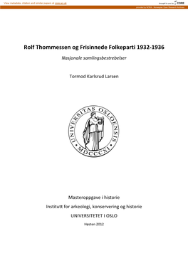 Rolf Thommessen Og Frisinnede Folkeparti 1932-‐1936
