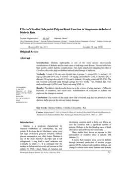 Effect of Citrullus Colocynthis Pulp on Renal Function in Streptozotocin-Induced Diabetic Rats