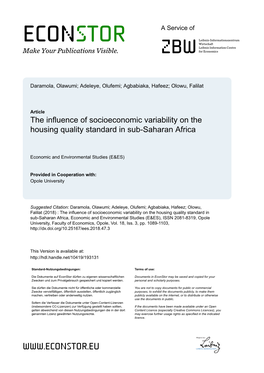 The Influence of Socioeconomic Variability on the Housing Quality Standard in Sub-Saharan Africa