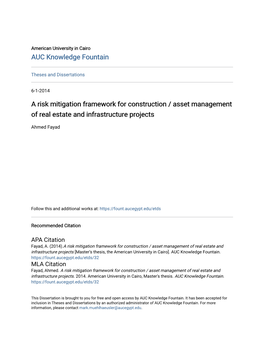 A Risk Mitigation Framework for Construction / Asset Management of Real Estate and Infrastructure Projects