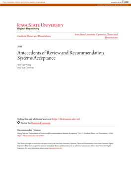 Antecedents of Review and Recommendation Systems Acceptance Yen-Yao Wang Iowa State University