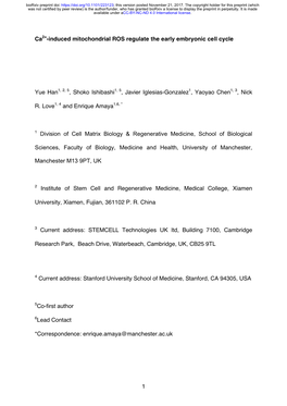 Ca2+-Induced Mitochondrial ROS Regulate the Early Embryonic Cell Cycle